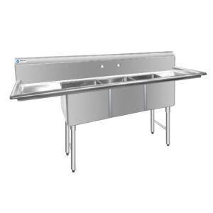 ChefAsst 103″ CA-S3C182414-24LR-316 16-Gauge Stainless Steel Three Compartment Commercial Sink with Stainless Steel Legs, Cross Bracing, and Two 24″ Drainboards – 18″ x 24″ x 14″ Bowl