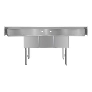 ChefAsst 103″ CA-S3C182414-24LR-316 16-Gauge Stainless Steel Three Compartment Commercial Sink with Stainless Steel Legs, Cross Bracing, and Two 24″ Drainboards – 18″ x 24″ x 14″ Bowl