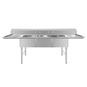 ChefAsst 121″ CA-S3C242414-24LR-316 16-Gauge Stainless Steel Three Compartment Commercial Sink with Stainless Steel Legs, and Two 24″ Drainboards – 24″ x 24″ x 14″ Bowl