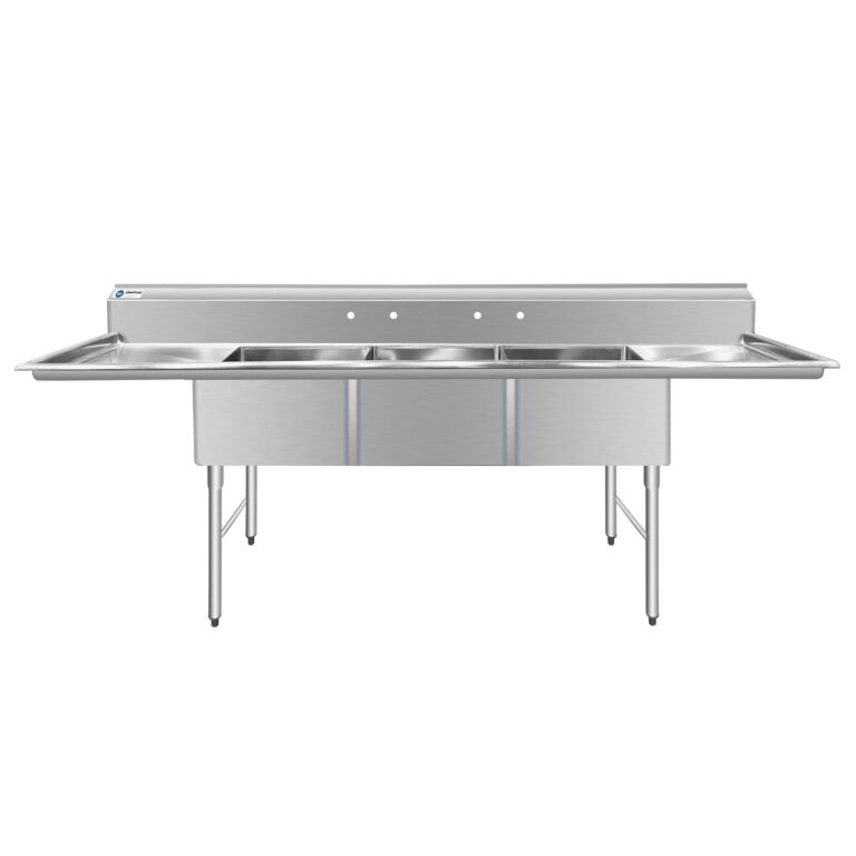 ChefAsst 121″ CA-S3C242414-24LR-316 16-Gauge Stainless Steel Three Compartment Commercial Sink with Stainless Steel Legs, and Two 24″ Drainboards – 24″ x 24″ x 14″ Bowl