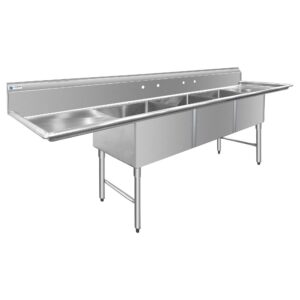 ChefAsst 121″ CA-S3C242414-24LR-316 16-Gauge Stainless Steel Three Compartment Commercial Sink with Stainless Steel Legs, and Two 24″ Drainboards – 24″ x 24″ x 14″ Bowl