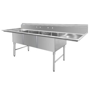 ChefAsst 121″ CA-S3C242414-24LR-316 16-Gauge Stainless Steel Three Compartment Commercial Sink with Stainless Steel Legs, and Two 24″ Drainboards – 24″ x 24″ x 14″ Bowl