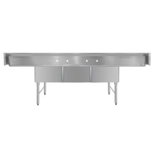ChefAsst 121″ CA-S3C242414-24LR-316 16-Gauge Stainless Steel Three Compartment Commercial Sink with Stainless Steel Legs, and Two 24″ Drainboards – 24″ x 24″ x 14″ Bowl
