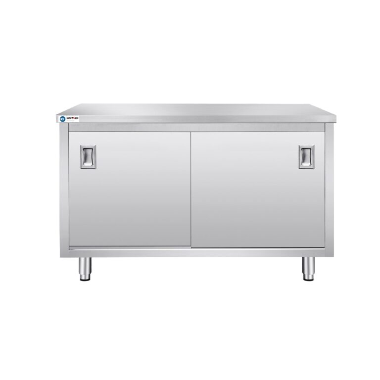 ChefAsst 30″ x 48″ CA-C-3048-316 16-Gauge Type 304 Stainless Steel Enclosed Base Table with Sliding Doors and Adjustable Midshelf
