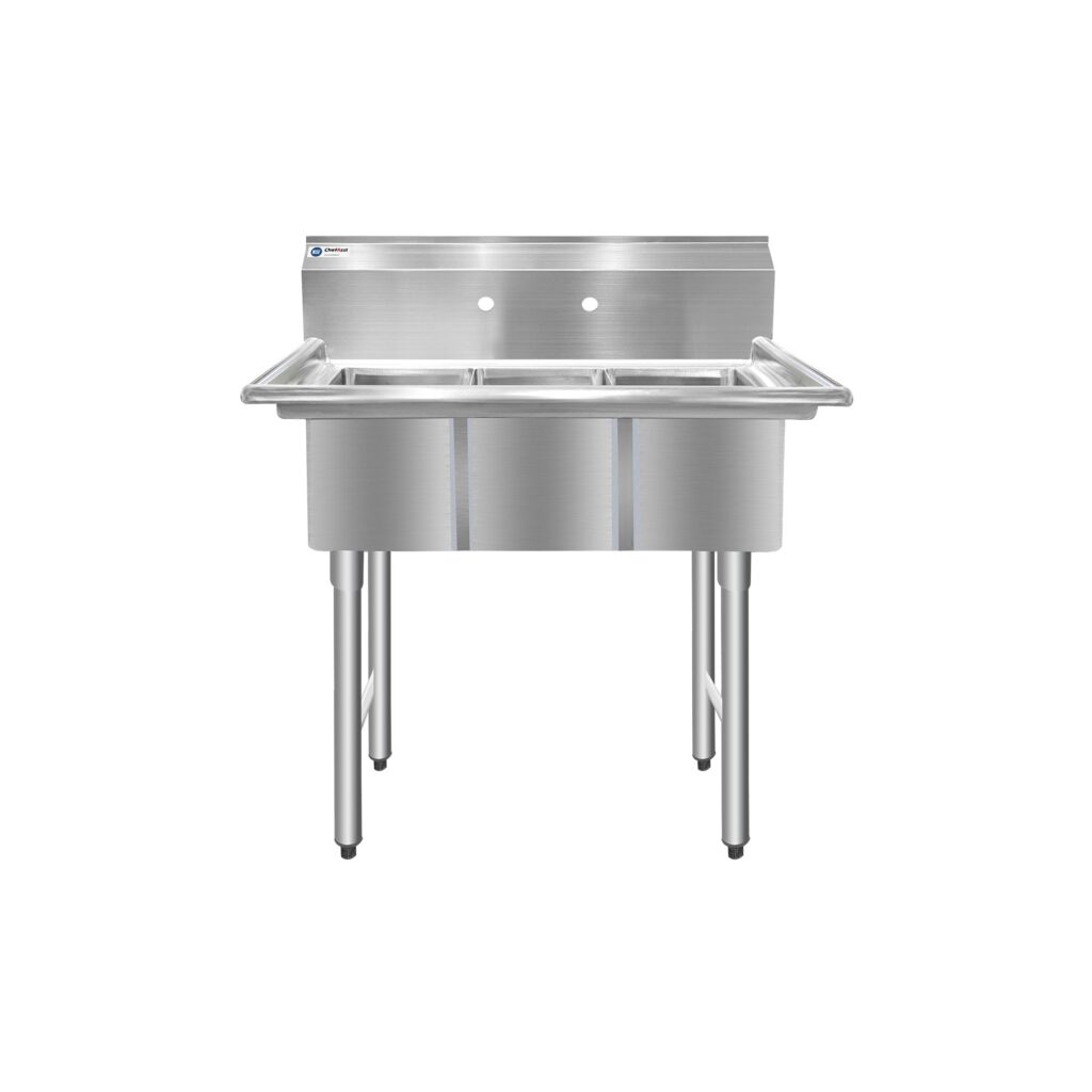 ChefAsst 36″ CA-S3C101410-316 16-Gauge Stainless Steel Three Compartment Commercial Sink with Stainless Steel Legs, and without Drainboards – 10″ x 14″ x 10″ Bowls