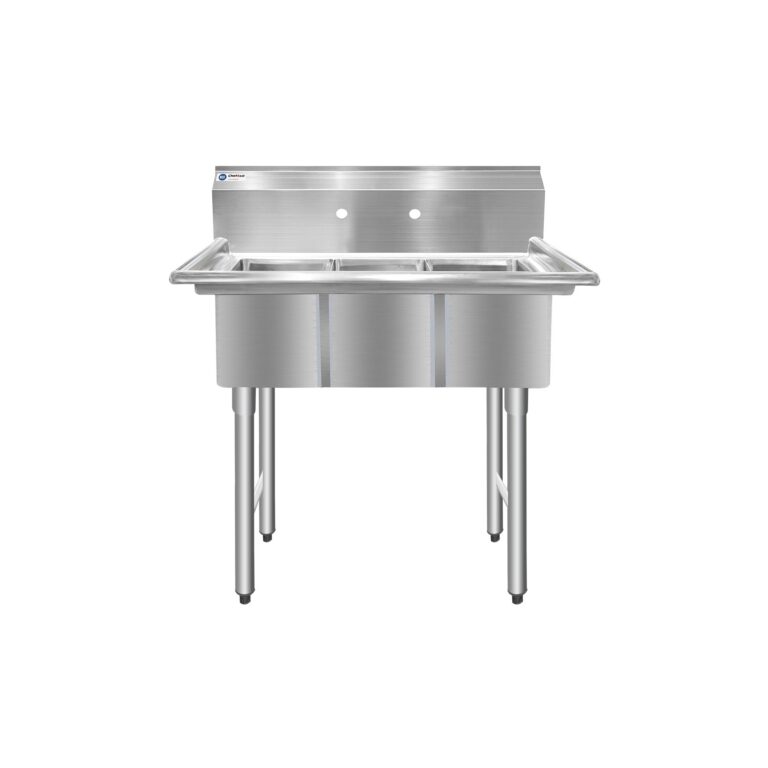 ChefAsst 36″ CA-S3C101410-316 16-Gauge Stainless Steel Three Compartment Commercial Sink with Stainless Steel Legs, and without Drainboards – 10″ x 14″ x 10″ Bowls