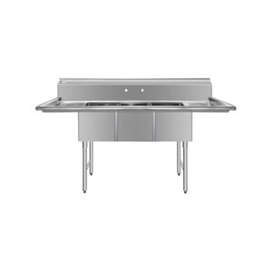 ChefAsst 54″ CA-S3C101410-12LR-316 16-Gauge Stainless Steel Three Compartment Commercial Sink with Stainless Steel Legs, and Two 12″ Drainboards – 10″ x 14″ x 10″ Bowl