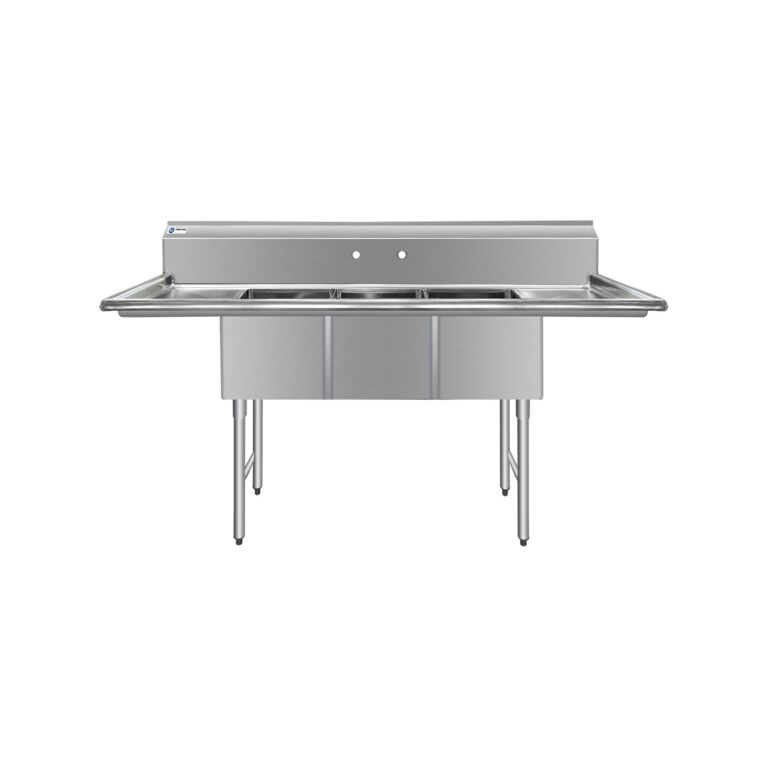 ChefAsst 54″ CA-S3C101410-12LR-316 16-Gauge Stainless Steel Three Compartment Commercial Sink with Stainless Steel Legs, and Two 12″ Drainboards – 10″ x 14″ x 10″ Bowl