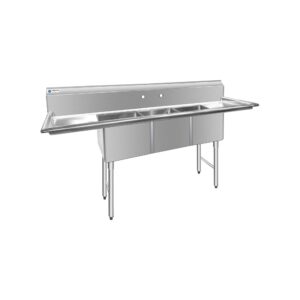 ChefAsst 54″ CA-S3C101410-12LR-316 16-Gauge Stainless Steel Three Compartment Commercial Sink with Stainless Steel Legs, and Two 12″ Drainboards – 10″ x 14″ x 10″ Bowl