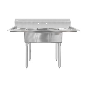ChefAsst 54″ CA-S3C101410-12LR-416 16-Gauge 304 Stainless Steel Three Compartment Commercial Sink with 430 Stainless Steel Legs, Cross Bracing, and Two 12″ Drainboards – 10″ x 14″ x 10″ Bowl
