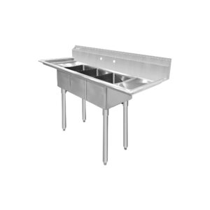 ChefAsst 54″ CA-S3C101410-12LR-416 16-Gauge 304 Stainless Steel Three Compartment Commercial Sink with 430 Stainless Steel Legs, Cross Bracing, and Two 12″ Drainboards – 10″ x 14″ x 10″ Bowl