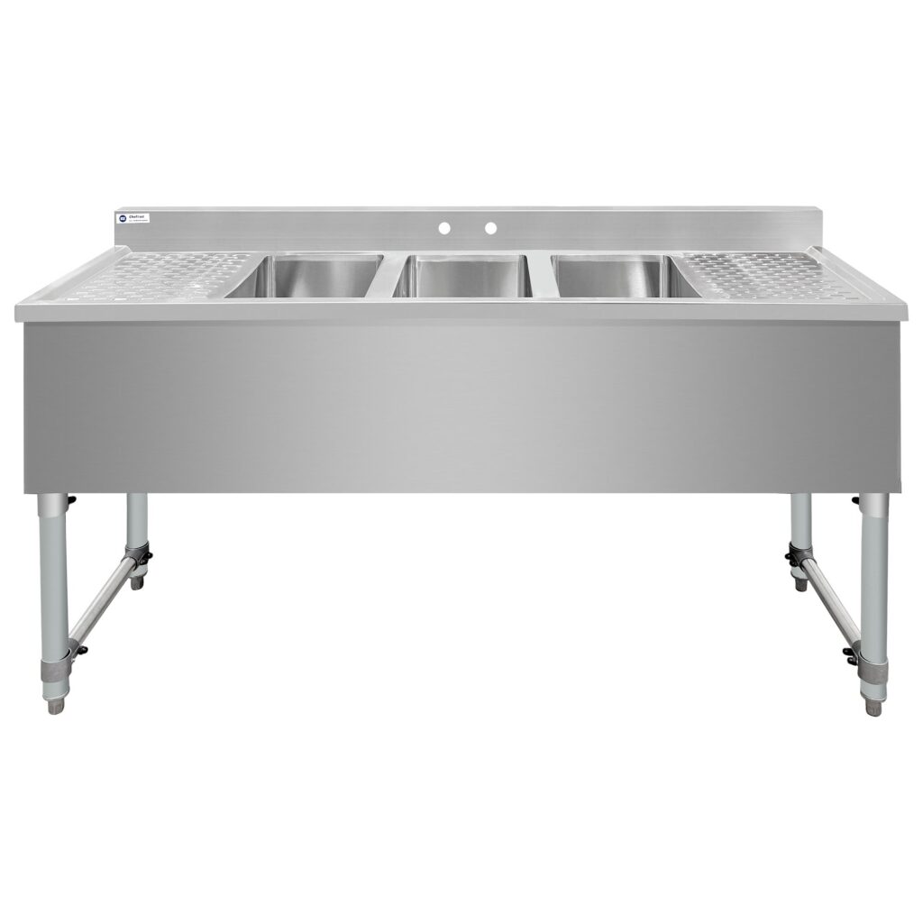 ChefAsst 60″ CA-BS101410-13LR-318 18-Gauge 304 Stainless Steel Three Bar Sink with Galvanized Legs, Cross Bracing, and Two 13″ Drainboards – 10″ x 14″ x 10″ Bowl