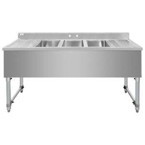 ChefAsst 60″ CA-BS101410-13LR-318 18-Gauge 304 Stainless Steel Three Bar Sink with Galvanized Legs, Cross Bracing, and Two 13″ Drainboards – 10″ x 14″ x 10″ Bowl