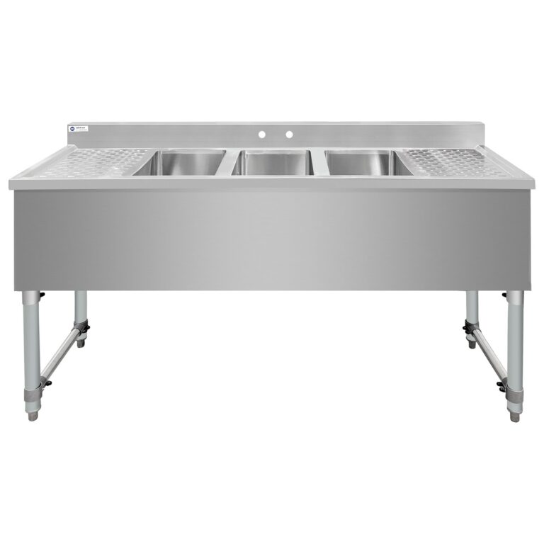 ChefAsst 60″ CA-BS101410-13LR-318 18-Gauge 304 Stainless Steel Three Bar Sink with Galvanized Legs, Cross Bracing, and Two 13″ Drainboards – 10″ x 14″ x 10″ Bowl