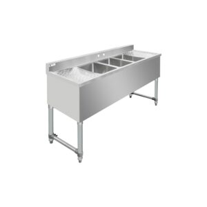 ChefAsst 60″ CA-BS101410-13LR-318 18-Gauge 304 Stainless Steel Three Bar Sink with Galvanized Legs, Cross Bracing, and Two 13″ Drainboards – 10″ x 14″ x 10″ Bowl