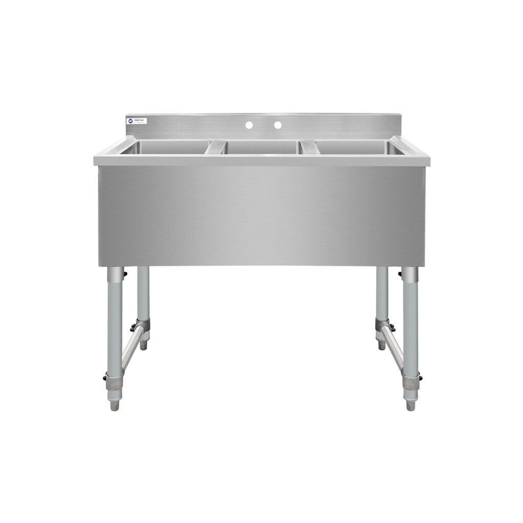 ChefAsst 38″ CA-BS101410-318 18-Gauge 304 Stainless Steel Three Bar Sink with Galvanized Legs and Cross Bracing – 10″ x 14″ x 10″ Bowl