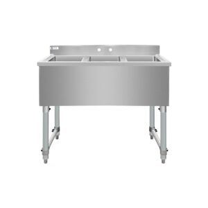 ChefAsst 38″ CA-BS101410-318 18-Gauge 304 Stainless Steel Three Bar Sink with Galvanized Legs and Cross Bracing – 10″ x 14″ x 10″ Bowl