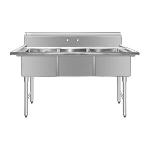 ChefAsst 61″ CA-S3C181812-316 16-Gauge Stainless Steel Three Compartment Commercial Sink with Stainless Steel Legs, Cross Bracing, and without Drainboards – 18″ x 18″ x 12″ Bowls