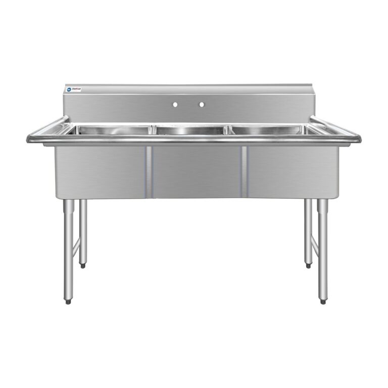 ChefAsst 61″ CA-S3C181812-316 16-Gauge Stainless Steel Three Compartment Commercial Sink with Stainless Steel Legs, Cross Bracing, and without Drainboards – 18″ x 18″ x 12″ Bowls