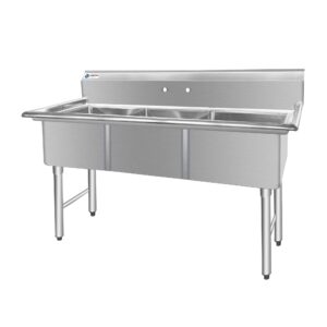 ChefAsst 61″ CA-S3C181812-316 16-Gauge Stainless Steel Three Compartment Commercial Sink with Stainless Steel Legs, Cross Bracing, and without Drainboards – 18″ x 18″ x 12″ Bowls