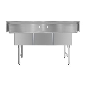 ChefAsst 61″ CA-S3C181812-316 16-Gauge Stainless Steel Three Compartment Commercial Sink with Stainless Steel Legs, Cross Bracing, and without Drainboards – 18″ x 18″ x 12″ Bowls