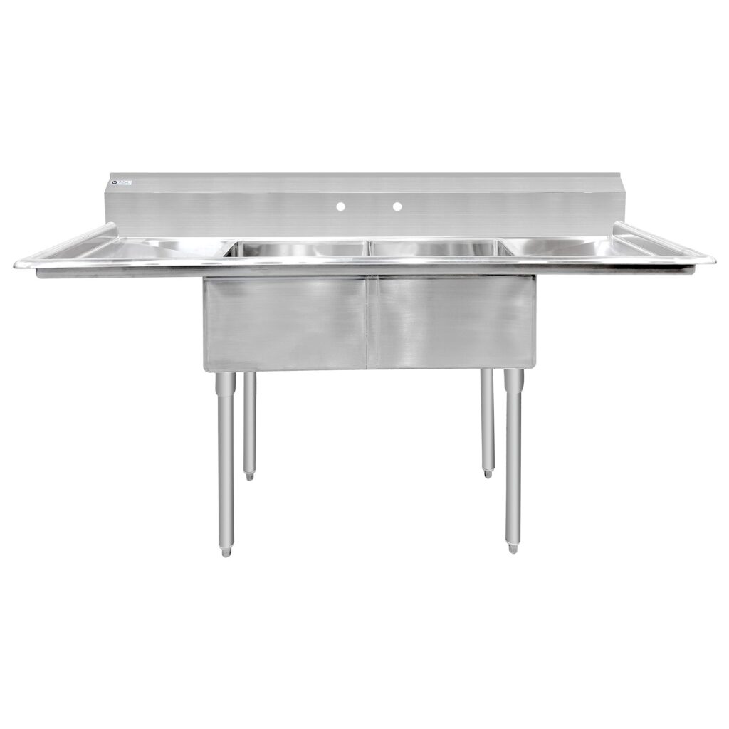 ChefAsst 72″ CA-S2C181812-18LR-316 16-Gauge 304 Stainless Steel Two Compartment Commercial Sink with 430 Stainless Steel Legs, Cross Bracing, and Two 18″ Drainboards – 18″ x 18″ x 12″ Bowl