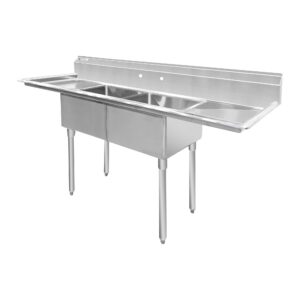 ChefAsst 72″ CA-S2C181812-18LR-316 16-Gauge 304 Stainless Steel Two Compartment Commercial Sink with 430 Stainless Steel Legs, Cross Bracing, and Two 18″ Drainboards – 18″ x 18″ x 12″ Bowl