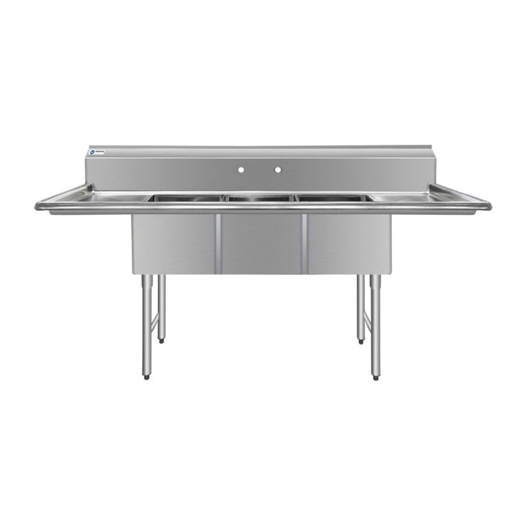 ChefAsst 75″ CA-S3C151512-15LR-316 16-Gauge Stainless Steel Three Compartment Commercial Sink with Stainless Steel Legs, and Two 15″ Drainboards – 15″ x 15″ x 12″ Bowl