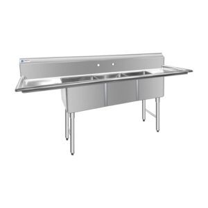 ChefAsst 75″ CA-S3C151512-15LR-316 16-Gauge Stainless Steel Three Compartment Commercial Sink with Stainless Steel Legs, and Two 15″ Drainboards – 15″ x 15″ x 12″ Bowl