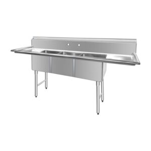 ChefAsst 75″ CA-S3C151512-15LR-316 16-Gauge Stainless Steel Three Compartment Commercial Sink with Stainless Steel Legs, and Two 15″ Drainboards – 15″ x 15″ x 12″ Bowl