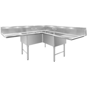ChefAsst 75″ CA-S3C242414C-24LR-316 16-Gauge Stainless Steel Three Compartment Commercial Sink with Stainless Steel Legs, Cross Bracing, and Two 24″ Drainboards – 24″ x 24″ x 14″ Bowl