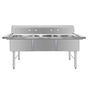 ChefAsst 78″ CA-S3C242412-316 16-Gauge Stainless Steel Three Compartment Commercial Sink with Stainless Steel Legs, and without Drainboards – 24″ x 24″ x 12″ Bowls