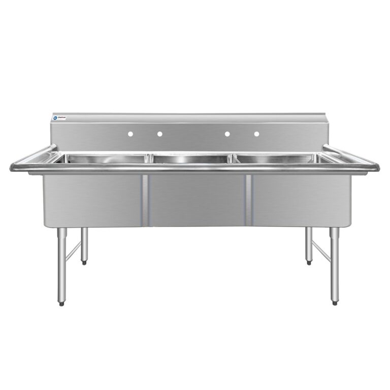 ChefAsst 78″ CA-S3C242412-316 16-Gauge Stainless Steel Three Compartment Commercial Sink with Stainless Steel Legs, and without Drainboards – 24″ x 24″ x 12″ Bowls