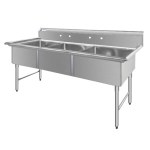 ChefAsst 78″ CA-S3C242412-316 16-Gauge Stainless Steel Three Compartment Commercial Sink with Stainless Steel Legs, and without Drainboards – 24″ x 24″ x 12″ Bowls