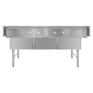 ChefAsst 78″ CA-S3C242412-316 16-Gauge Stainless Steel Three Compartment Commercial Sink with Stainless Steel Legs, and without Drainboards – 24″ x 24″ x 12″ Bowls