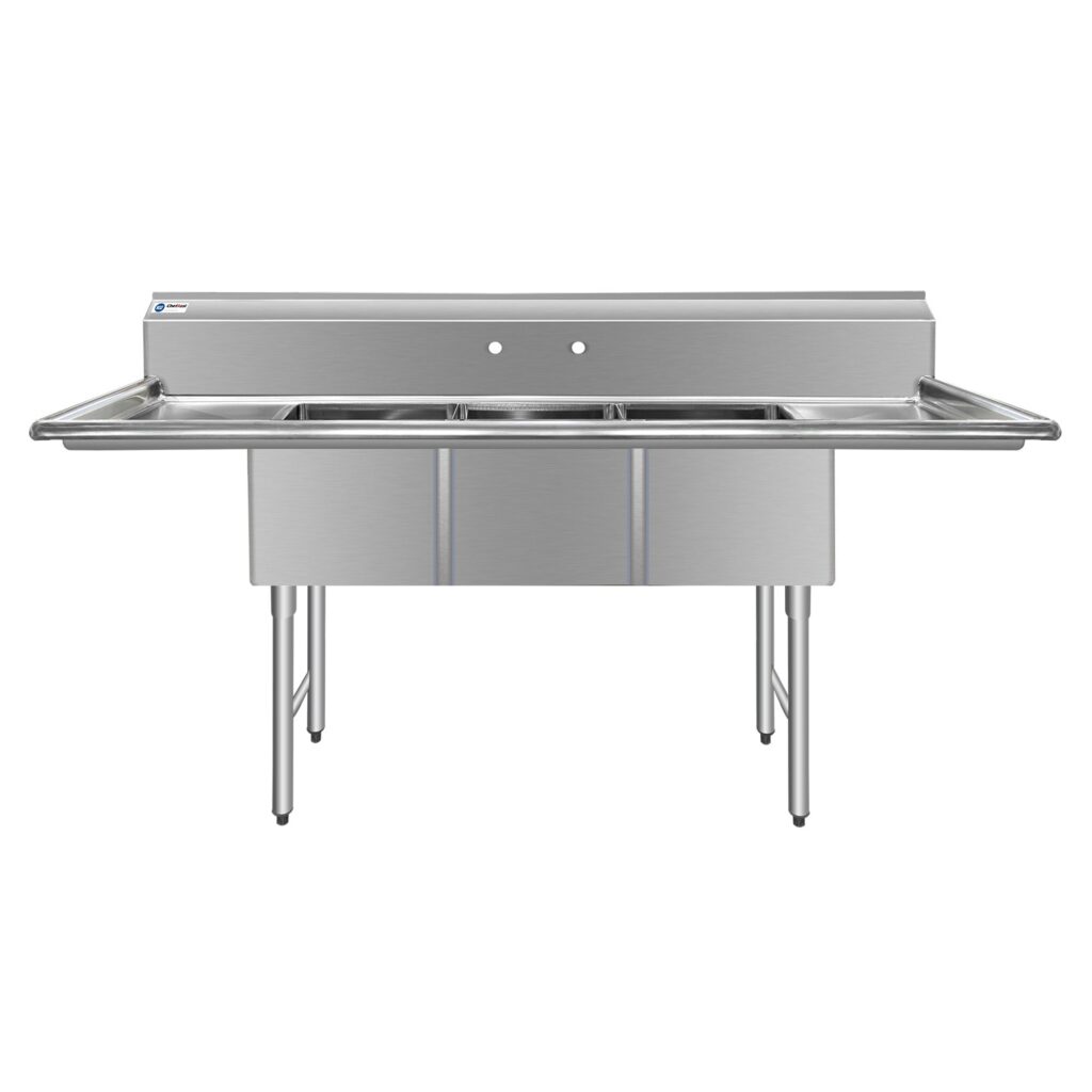 ChefAsst 91″ CA-S3C181812-18LR-316 16-Gauge Stainless Steel Three Compartment Commercial Sink with Stainless Steel Legs, Cross Bracing, and Two 18″ Drainboards – 18″ x 18″ x 12″ Bowl
