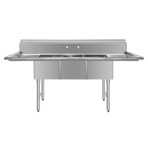 ChefAsst 91″ CA-S3C181812-18LR-316 16-Gauge Stainless Steel Three Compartment Commercial Sink with Stainless Steel Legs, Cross Bracing, and Two 18″ Drainboards – 18″ x 18″ x 12″ Bowl