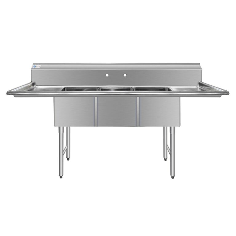ChefAsst 91″ CA-S3C181812-18LR-316 16-Gauge Stainless Steel Three Compartment Commercial Sink with Stainless Steel Legs, Cross Bracing, and Two 18″ Drainboards – 18″ x 18″ x 12″ Bowl