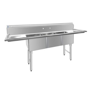 ChefAsst 91″ CA-S3C181812-18LR-316 16-Gauge Stainless Steel Three Compartment Commercial Sink with Stainless Steel Legs, Cross Bracing, and Two 18″ Drainboards – 18″ x 18″ x 12″ Bowl