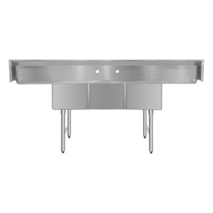 ChefAsst 91″ CA-S3C181812-18LR-316 16-Gauge Stainless Steel Three Compartment Commercial Sink with Stainless Steel Legs, Cross Bracing, and Two 18″ Drainboards – 18″ x 18″ x 12″ Bowl