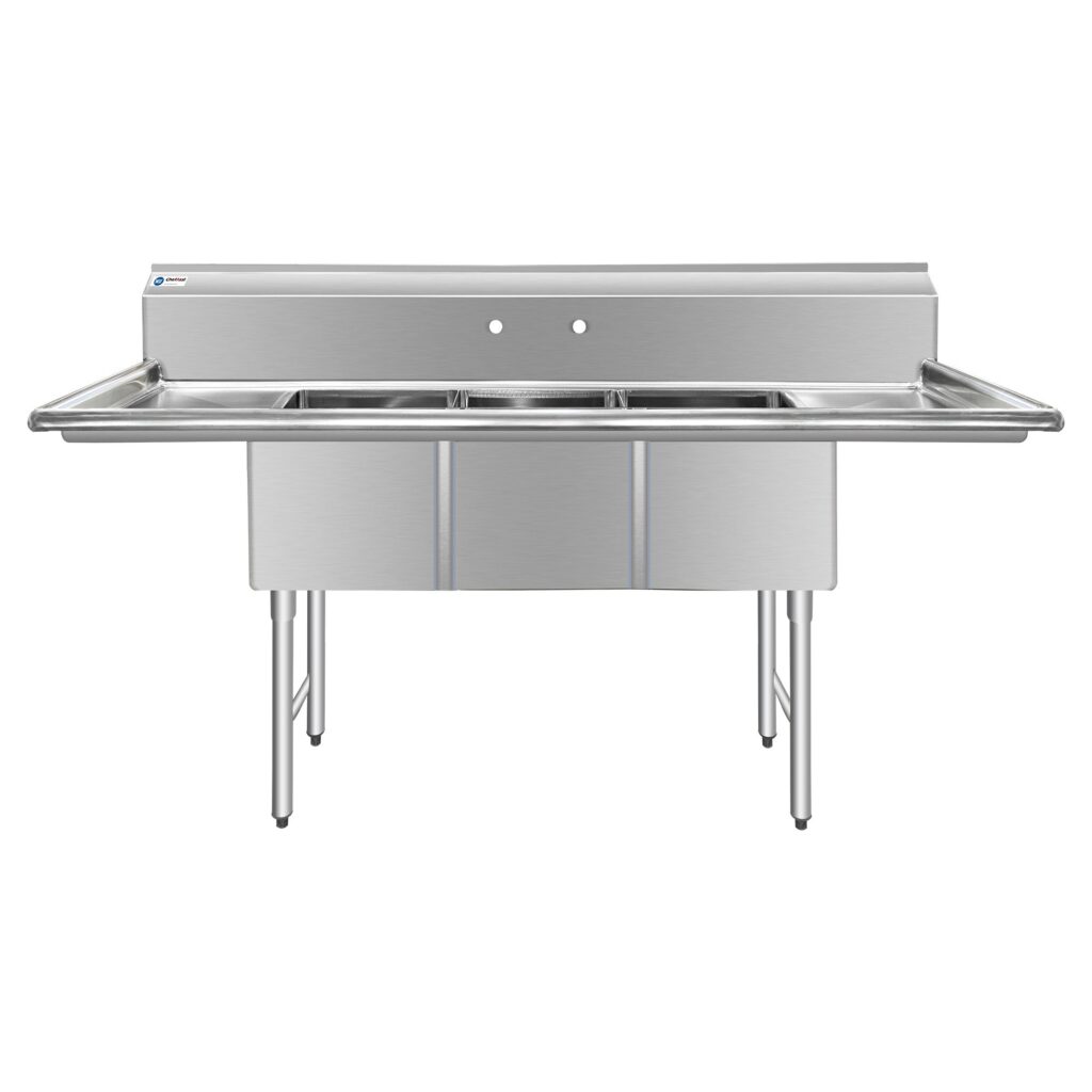 ChefAsst 91″ CA-S3C181814-18LR-316 16-Gauge Stainless Steel Three Compartment Commercial Sink with Stainless Steel Legs, Cross Bracing, and Two 18″ Drainboards – 18″ x 18″ x 14″ Bowl