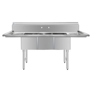 ChefAsst 91″ CA-S3C181814-18LR-316 16-Gauge Stainless Steel Three Compartment Commercial Sink with Stainless Steel Legs, Cross Bracing, and Two 18″ Drainboards – 18″ x 18″ x 14″ Bowl