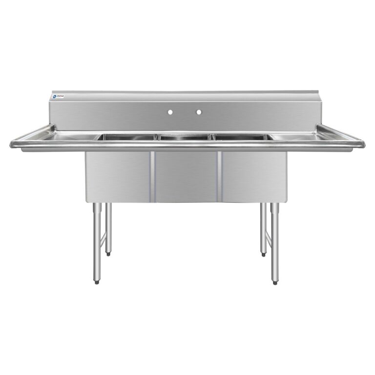 ChefAsst 91″ CA-S3C181814-18LR-316 16-Gauge Stainless Steel Three Compartment Commercial Sink with Stainless Steel Legs, Cross Bracing, and Two 18″ Drainboards – 18″ x 18″ x 14″ Bowl