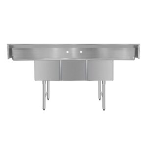 ChefAsst 91″ CA-S3C181814-18LR-316 16-Gauge Stainless Steel Three Compartment Commercial Sink with Stainless Steel Legs, Cross Bracing, and Two 18″ Drainboards – 18″ x 18″ x 14″ Bowl