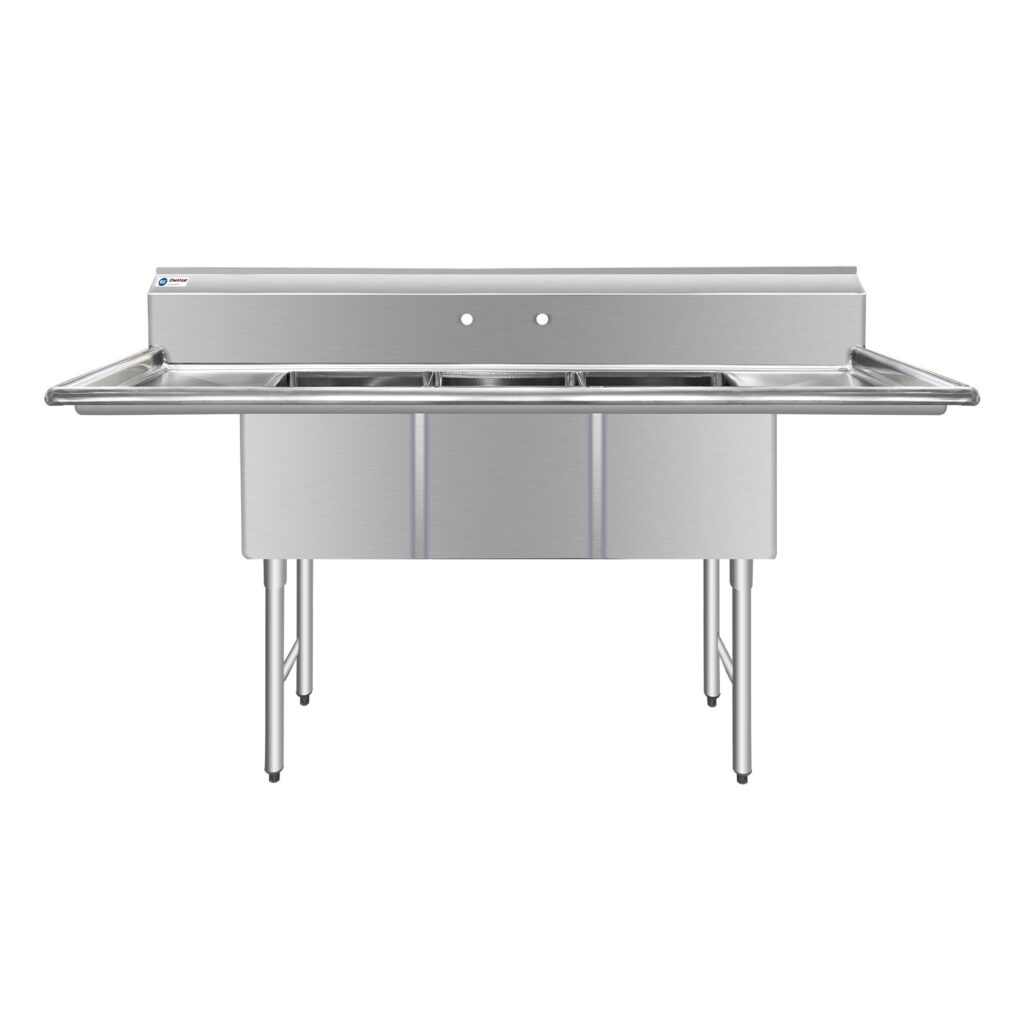 ChefAsst 91″ CA-S3C182414-18LR-316 16-Gauge Stainless Steel Three Compartment Commercial Sink with Stainless Steel Legs, Cross Bracing, and Two 18″ Drainboards – 18″ x 24″ x 14″ Bowl