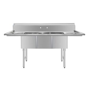 ChefAsst 91″ CA-S3C182414-18LR-316 16-Gauge Stainless Steel Three Compartment Commercial Sink with Stainless Steel Legs, Cross Bracing, and Two 18″ Drainboards – 18″ x 24″ x 14″ Bowl
