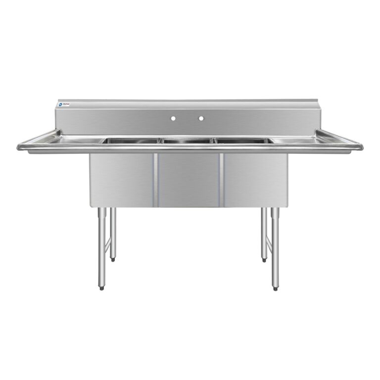 ChefAsst 91″ CA-S3C182414-18LR-316 16-Gauge Stainless Steel Three Compartment Commercial Sink with Stainless Steel Legs, Cross Bracing, and Two 18″ Drainboards – 18″ x 24″ x 14″ Bowl