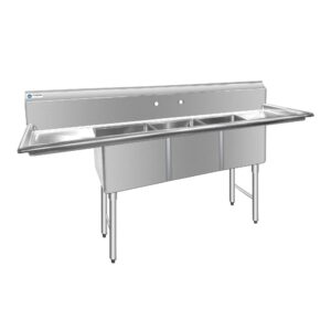 ChefAsst 91″ CA-S3C182414-18LR-316 16-Gauge Stainless Steel Three Compartment Commercial Sink with Stainless Steel Legs, Cross Bracing, and Two 18″ Drainboards – 18″ x 24″ x 14″ Bowl