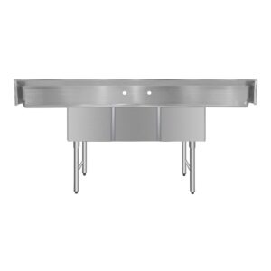 ChefAsst 91″ CA-S3C182414-18LR-316 16-Gauge Stainless Steel Three Compartment Commercial Sink with Stainless Steel Legs, Cross Bracing, and Two 18″ Drainboards – 18″ x 24″ x 14″ Bowl
