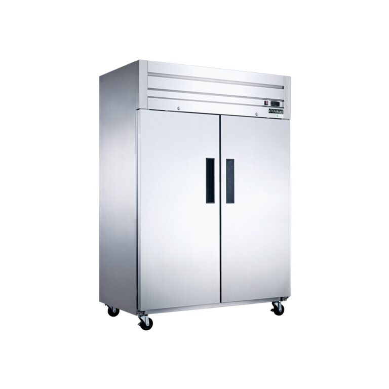 Dukers D55AR 55 1/8" Unidad Vertical de Refrigeración de Dos Secciones con Puertas Completas Lisas, Montaje Superior, Acero Inoxidable, 42.3 pies cúbicos
